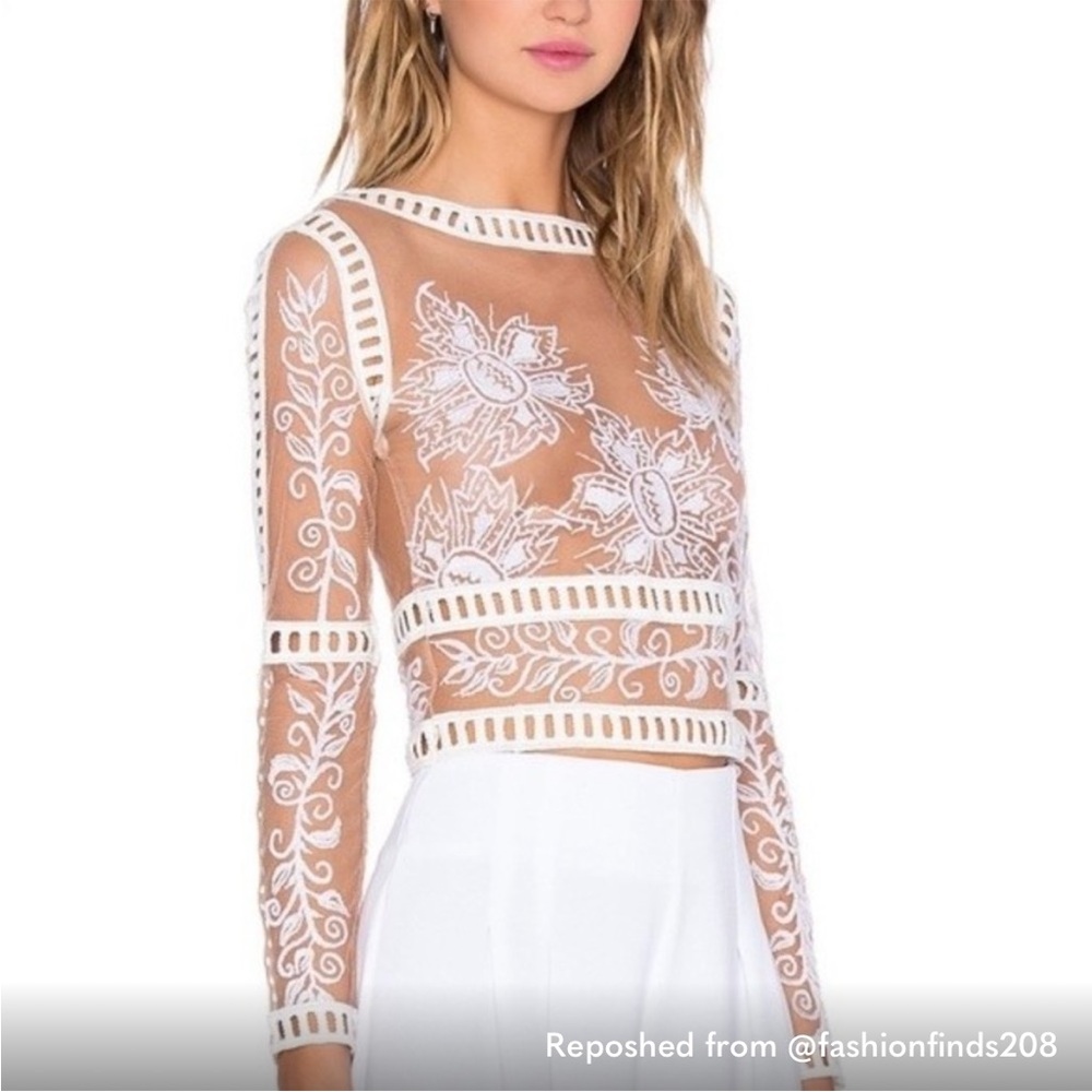 For Love And Lemons Sheer White Floral Embroidered Top